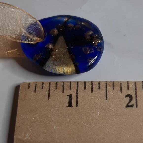 Abstract Blue Pendant On Shimmery Gold Ribbon - Picture 4 of 7
